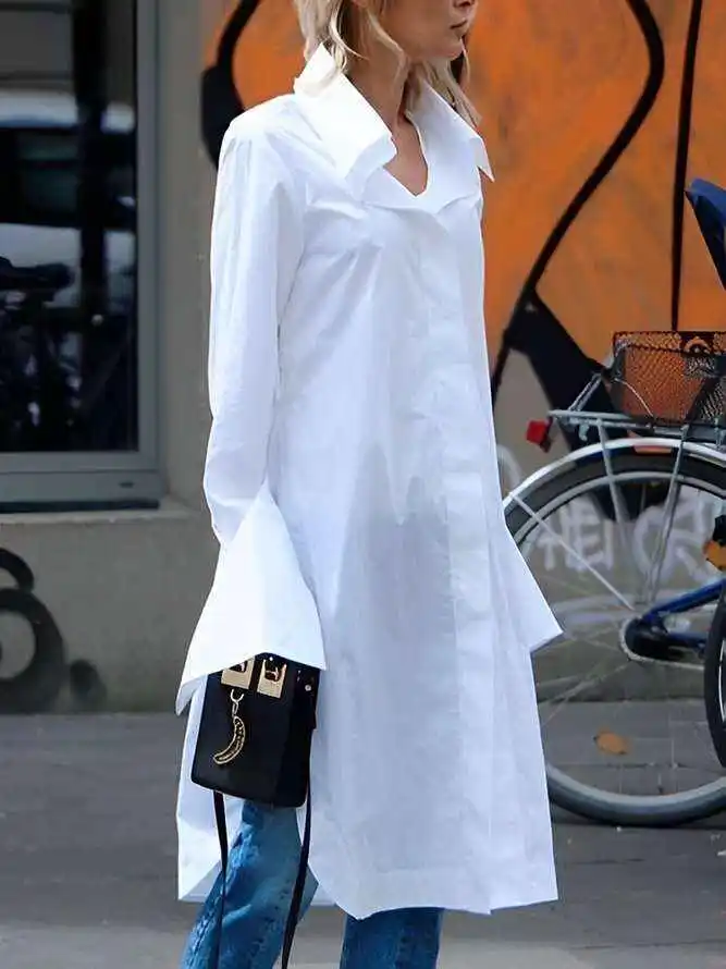 Casual Flared Sleeves Long Sleeves Split-Side Solid Color Lapel Collar Blouses Shirt Dress