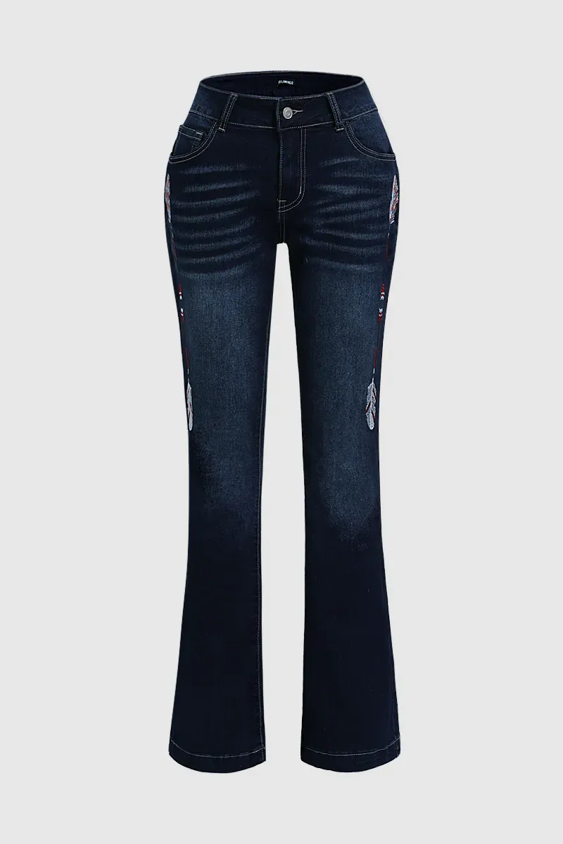 Feather Embroidery Mid Rise Bootcut Jeans