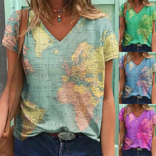 Women's T shirt Tee Blouse Graphic World Map Multi Color pea green Blue Purple Print Short Sleeve Street Daily Basic Modern V Neck Regular Fit T-shirt Sleeve Summer