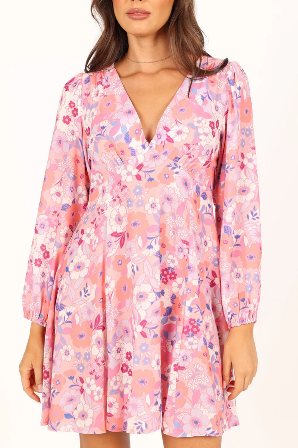PINK FLORAL LONG SLEEVE MINI DRESS