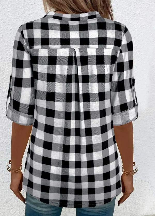 Black Button Plaid Three Quarter Length Sleeve Blouse