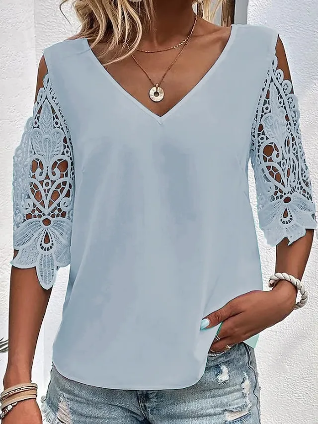 Women's Blouse White Pink Blue Plain Lace Cut Out Half Sleeve Daily Weekend Fashion Basic Elegant V Neck Regular Fit