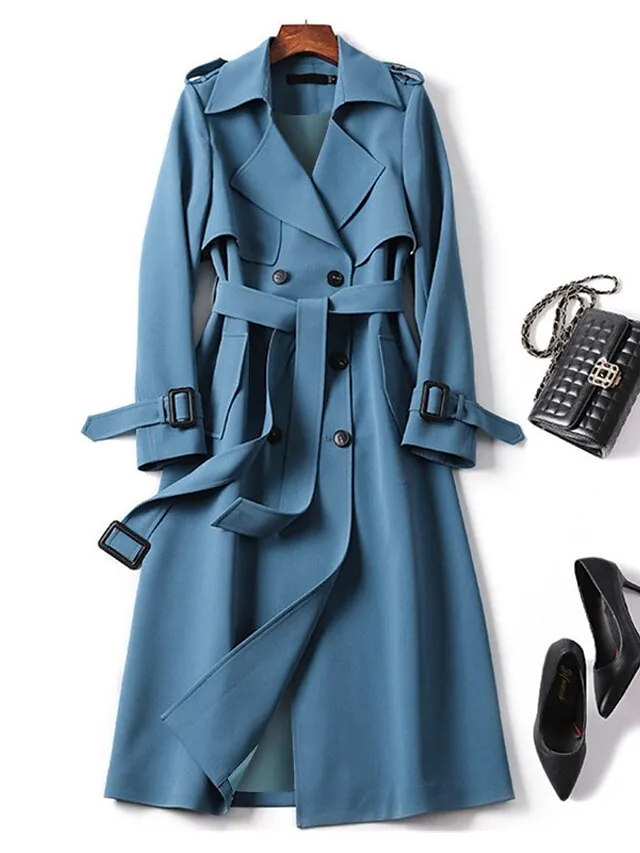 Women's Trench Coat Long Lace up Patchwork Coat Black Blue Camel Beige Fashion Daily Fall Single Breasted Rolled collar Regular Fit S M L XL XXL 3XL