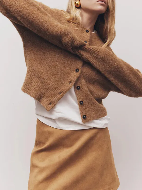 Casual Style Crew Neck Cardigan Camel