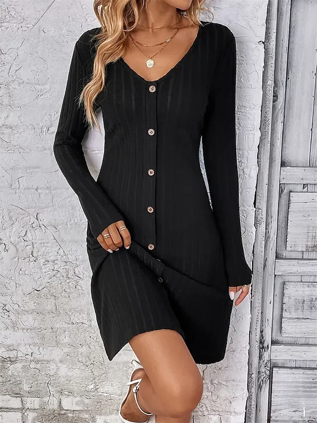 Women's Sweater Dress Jumper Dress Casual Dress Mini Dress Knitwear Fashion Modern Outdoor Daily Going out Weekend V Neck Long Sleeve Button Up Button 2023 Regular Fit Black Light Green Fuchsia S M L