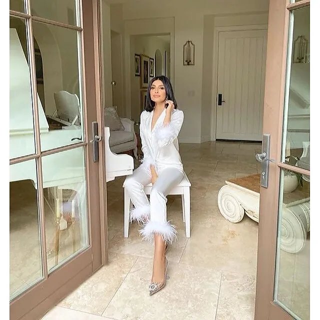 Women's Gift Loungewear Pajamas Sets Home Party Valentine's Day Feather Pure Color Silk Simple Soft Shirt Pant Fall Spring Summer Lapel Long Sleeve Long Pant Buckle Pocket