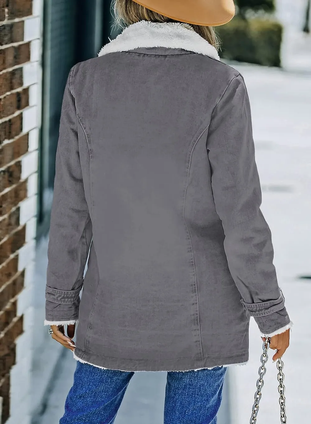 Womens Winter Warm Jean Jacket Stand Collar Wool Liner Sherpa Denim Coats Thicker Outerwear with Pockets