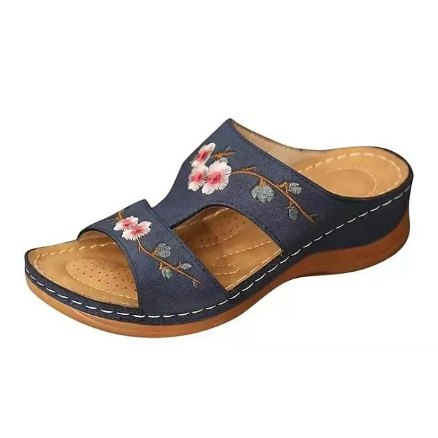 Women's Sandals Wedge Sandals Outdoor Slippers Outdoor Daily Walking Summer Flower Wedge Heel Open Toe Classic Casual Minimalism Faux Leather Loafer Embroidered Black Red Brown