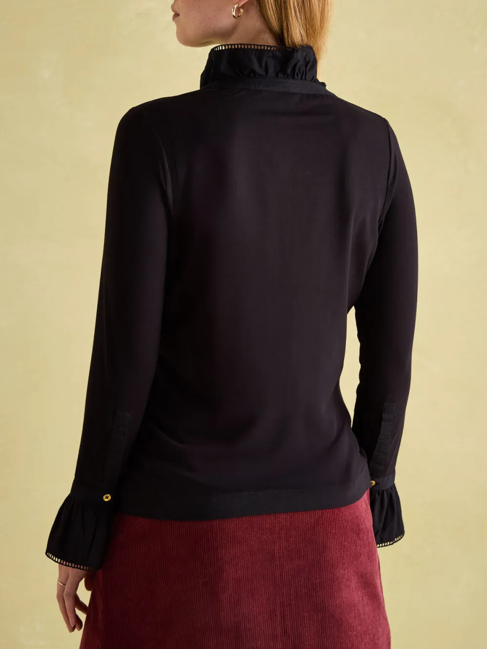 Black Long Sleeve Frilled Neck Top