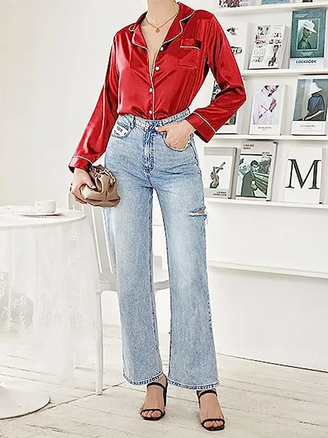 Women's Satin Silk Lounge Sets Satin Pajama Sets Pure Color Fashion Casual Comfort Home Daily Bed Satin Breathable Lapel Long Sleeve Shirt Pant Button Pocket Summer Fall Black White