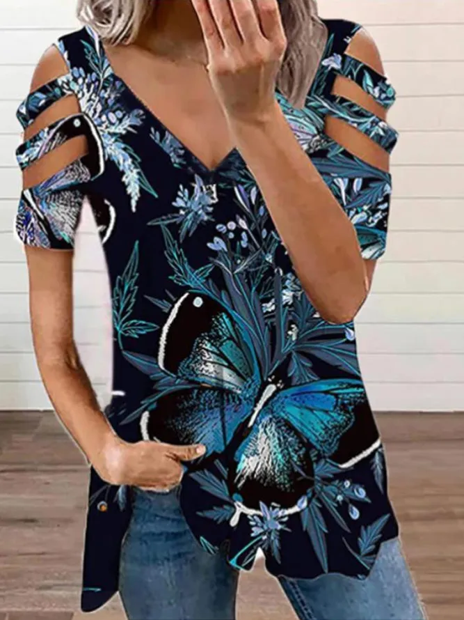 women's printed v-neck fashion casual short sleeves top