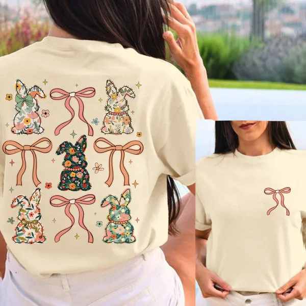 There Are Multiple Rabbit Images Decorated With Floral Patterns, Each Rabbit Is Tied With A Pink Bow. The Overall Style Of The Pattern Is Cute, Full Of Childishness, And A Casual T-Shirt.