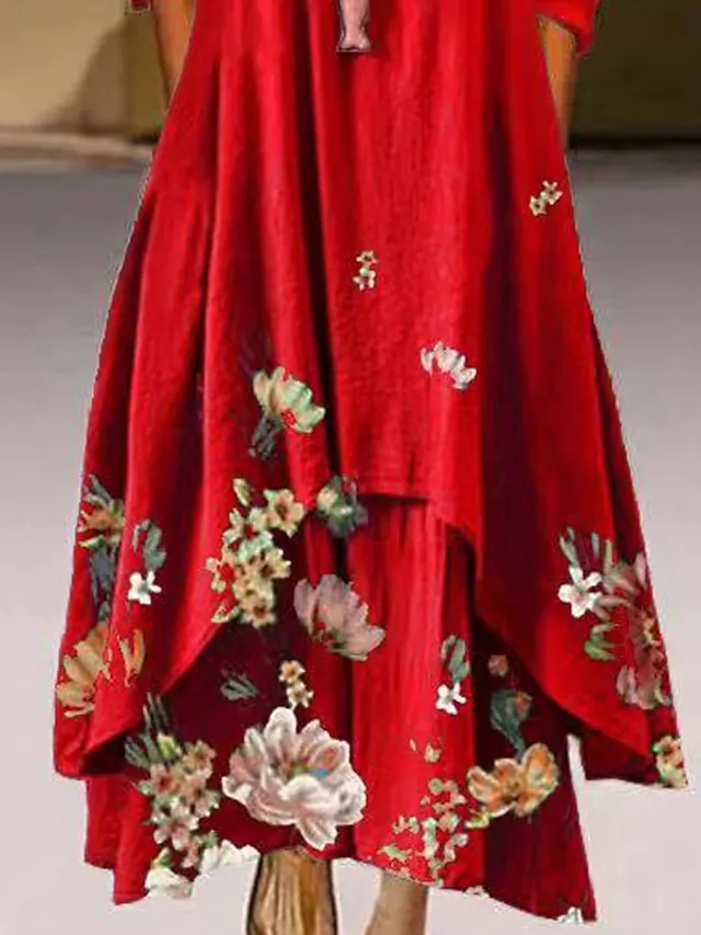 Women's Swing Dress Maxi long Dress Red Long Sleeve Print Pocket Print Spring Summer Round Neck Casual Vintage 2022 S M L XL XXL XXXL 4XL 5XL / Loose