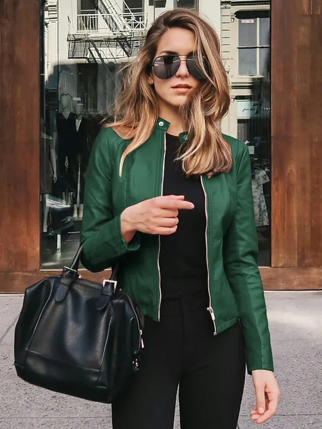 Women's Faux Leather Jacket Clean Fit Faux Motorcycle Moto Biker Coat Plus Size Short Zipper Jacket Light Pink Navy Wine Red ArmyGreen  Chic & Modern Street Fall Collarless Slim Fit S M L XL XXL XXXL