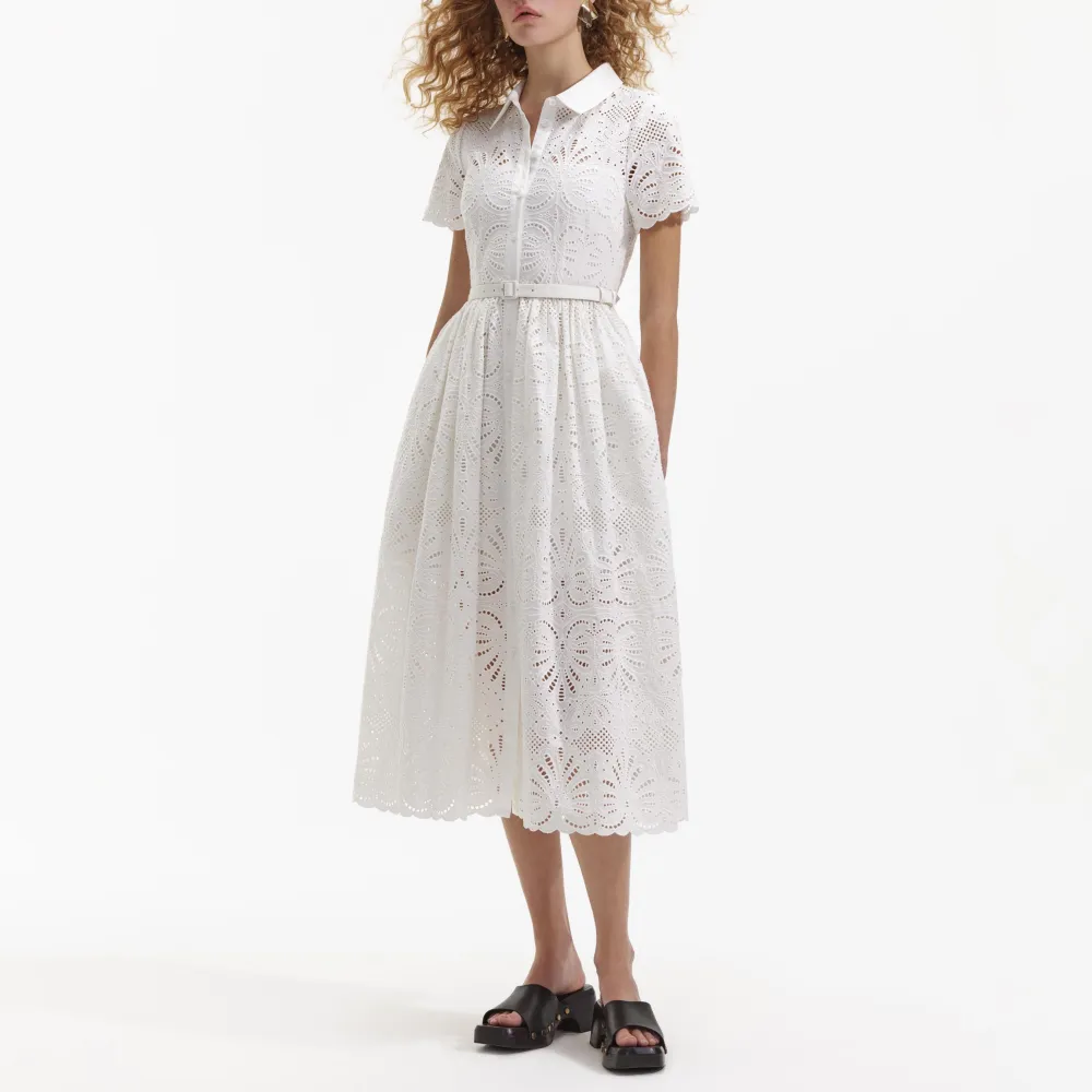 White Cotton Embroidery Midi Dress