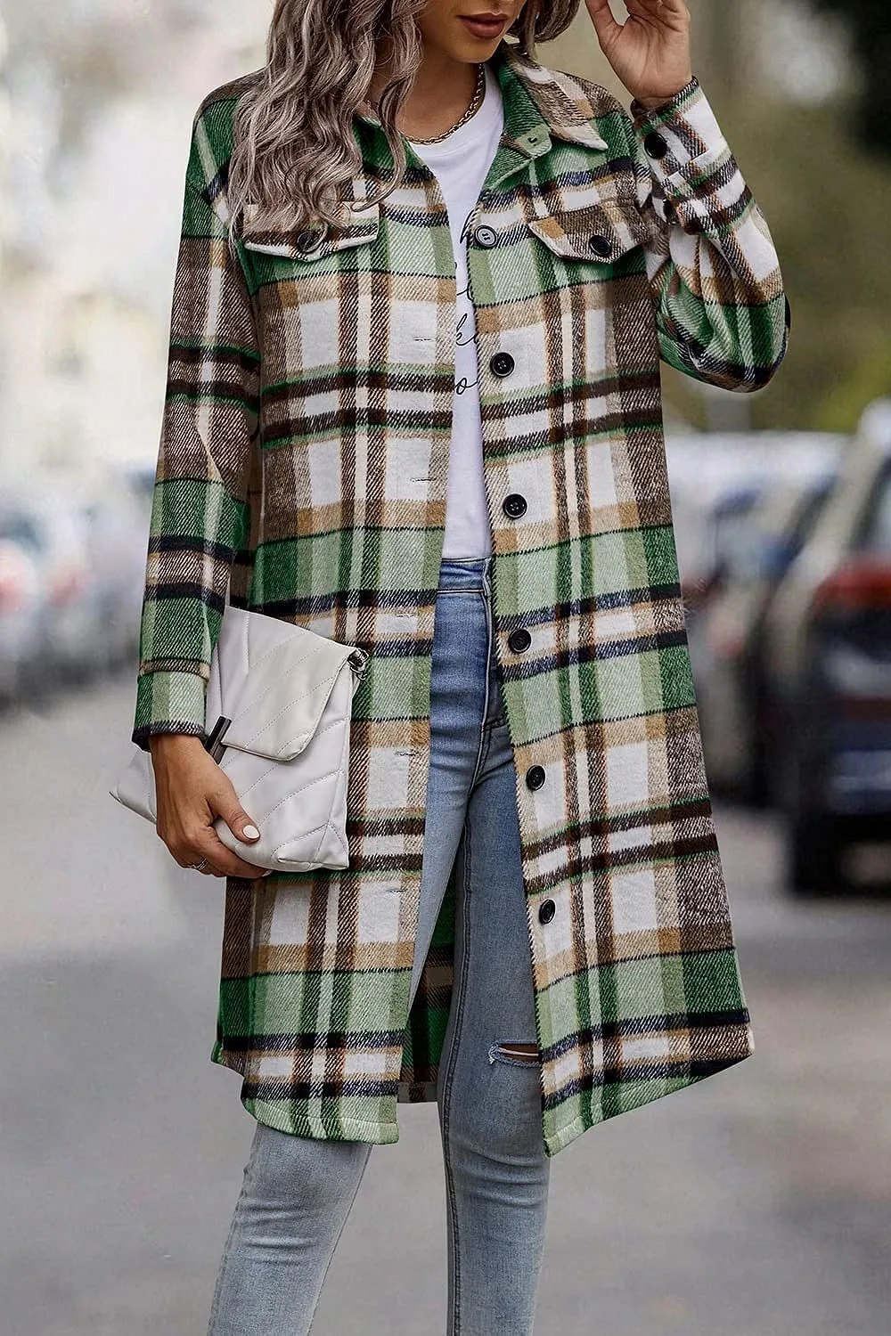 Women's Plaid Shacket 2023 Long Sleeve Button Up Flannel Shirt Winter Tartan Jacket Woolen Coats