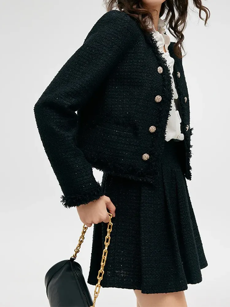 Tweed FrInge V-Neck Women Crop Jacket