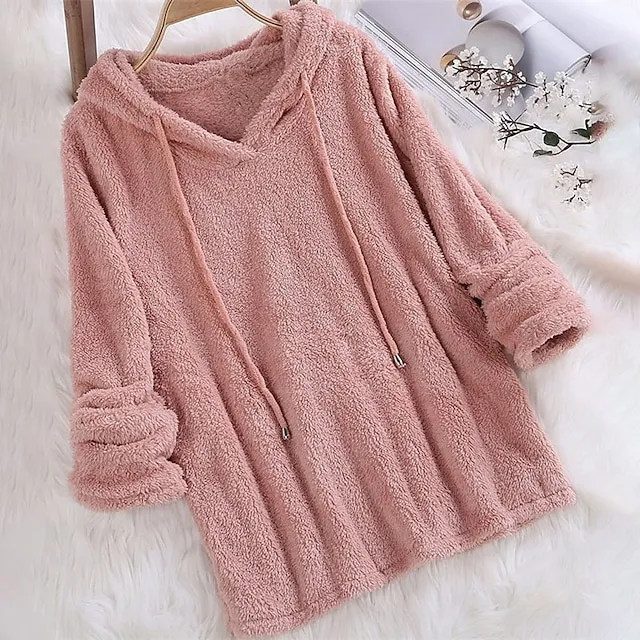 Women's Plus Size Loungewear Top Fluffy Pajama Fuzzy Pure Color Warm Simple Plush Home Daily Vacation Fleece Hoodie Long Sleeve Fall Winter Black White