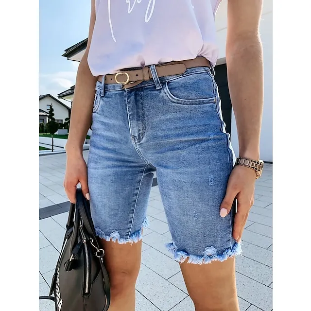 Women's Jeans Distressed Jeans Denim Blue Mid Waist Fashion Casual Weekend Tassel Fringe Side Pockets Micro-elastic Knee Length Comfort Plain S M L XL XXL