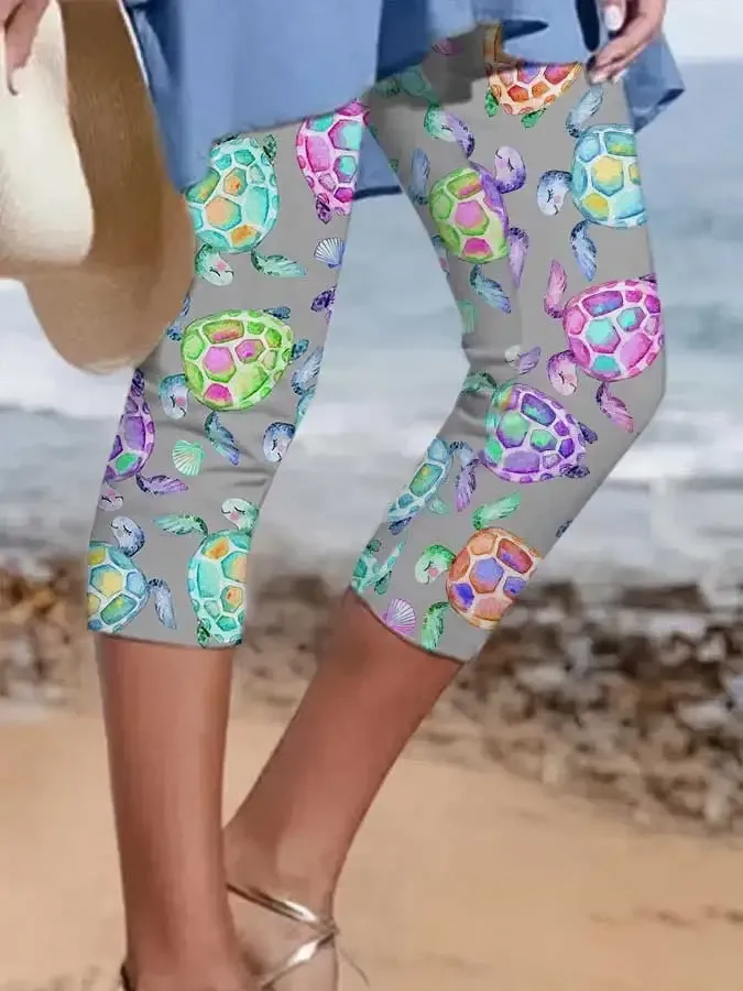 Vacation Watercolor Sea Turtle Print Leggings