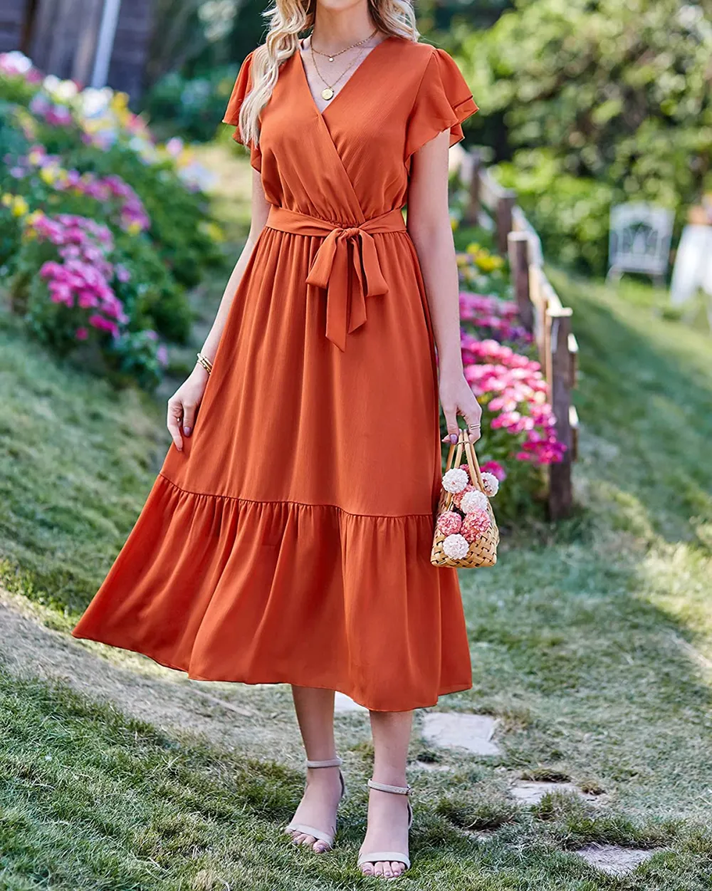 Women Summer Bohemian Floral Casual Wrap V Neck Ruffle Cap Sleeveless Belt A-Line Pleated Hem Swing Midi Sun Dress