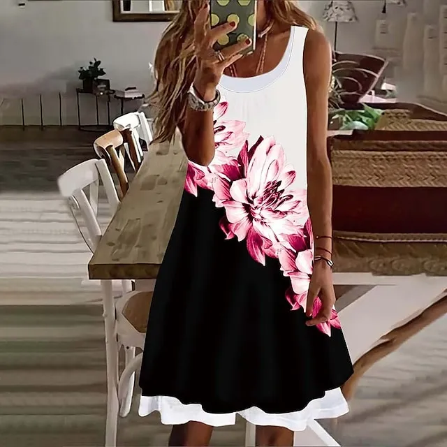 Women's Casual Dress Shift Dress Floral Dress Mini Dress White Pink Red Sleeveless Floral Fake two piece Summer Spring Crew Neck Basic Vacation 2023 S M L XL XXL 3XL 4XL 5XL