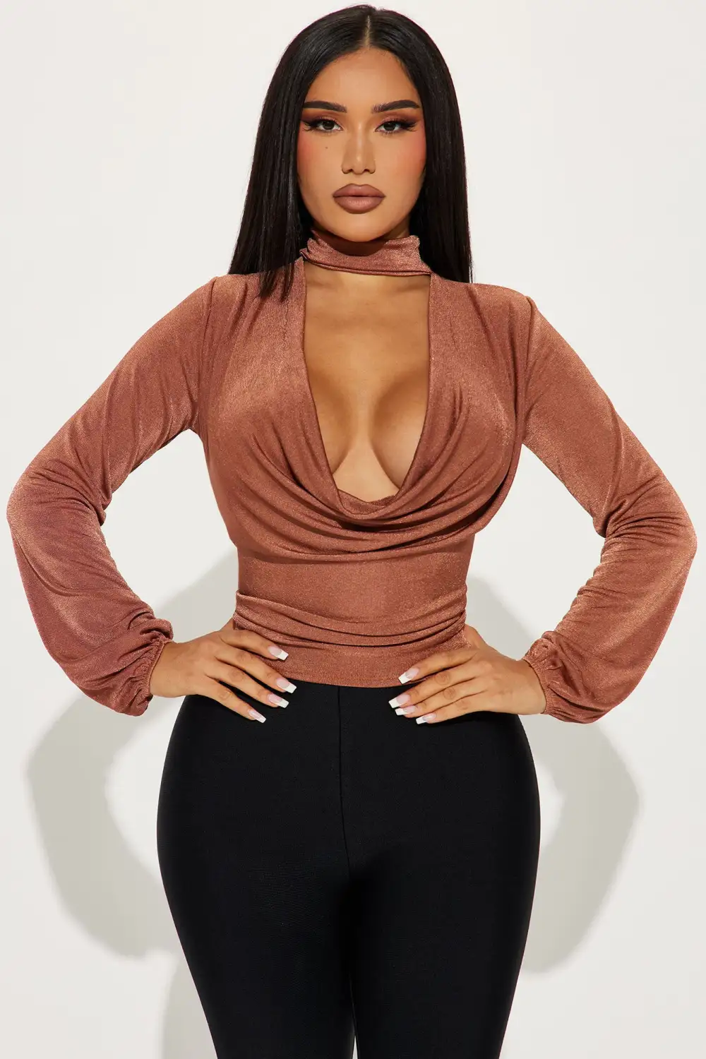 Noelle Cowl Neck Top - Mocha