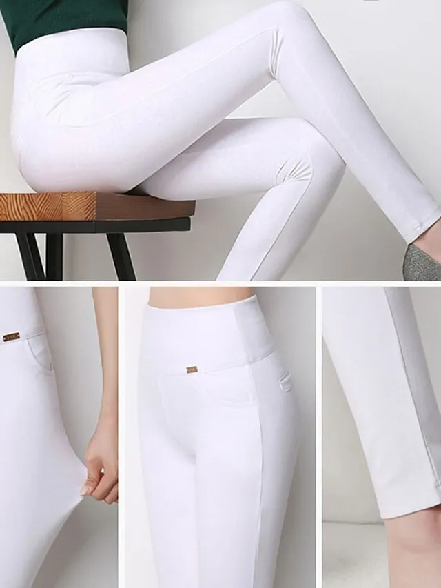 Women's High Waist Leggings Cotton Blend Wine Royal Blue White Fashion Daily Going out Stretchy Full Length Tummy Control Solid Color S M L XL XXL / Skinny