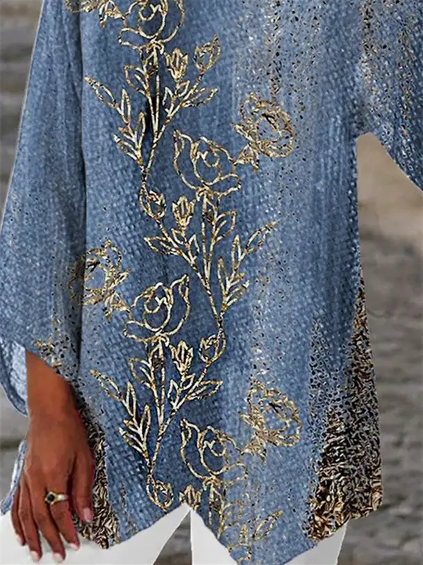 Women 3/4 Sleeve Scoop Neck Printed Colorblock Women Tops