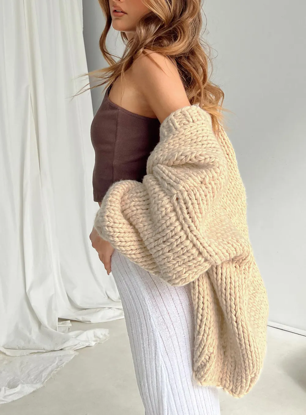 Balloon Sleeves Knit Cardigan Olive