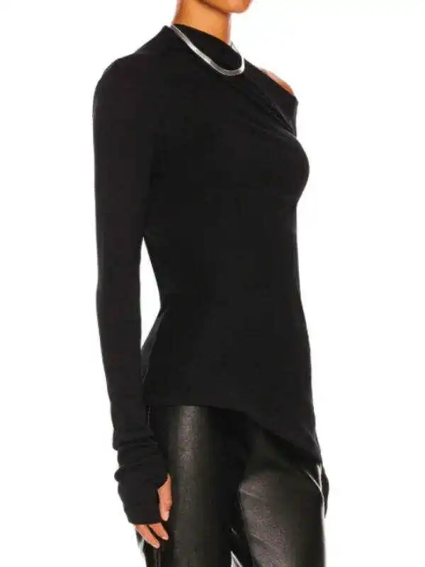 Stylish Solid Color One-Shoulder Long Sleeves T-Shirt Top