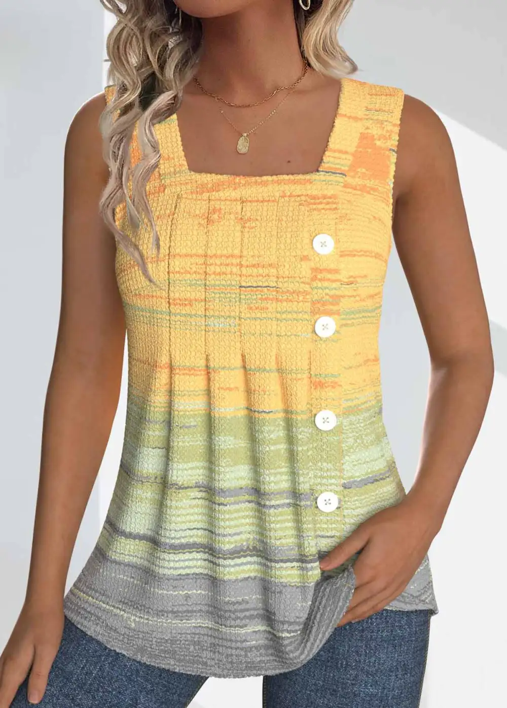 Light Yellow Button Ombre Sleeveless Square Neck Tank Top