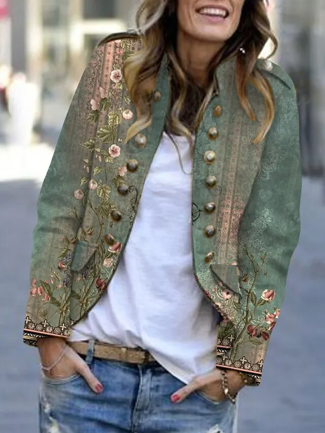 Women's Casual Jacke Print Flower Comfortable Artistic Style Loose Fit Outerwear Long Sleeve Fall Green Casaul Daily Street