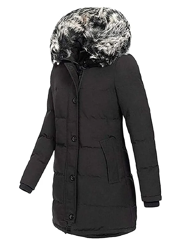 Women's Parka Puffer Jacket Winter Coat Zip up Hooded Coat with Fur Collar Thermal Warm Heated Coat Fall Outerwear with Pockets Classic Long Sleeve Black White