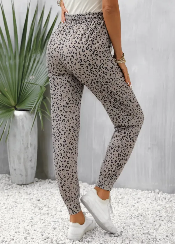 Light Camel Pocket Leopard Jogger Elastic Waist Pants