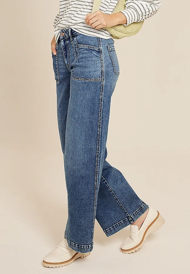 Casual Style Patch Pocket High Rise Wide Leg Jean