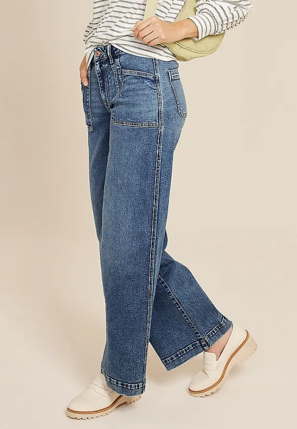 Casual Style Patch Pocket High Rise Wide Leg Jean