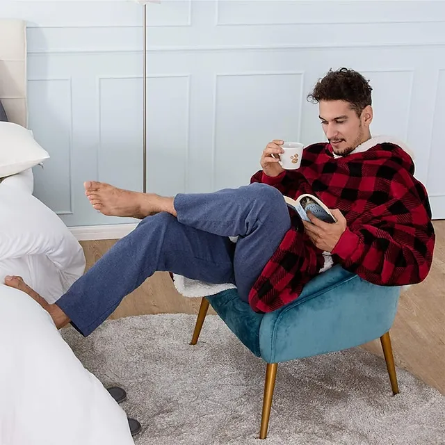 Women's Christmas Couple‘s Pajamas Nightgown Hoodie Blanket Wearable Blanket Grid / Plaid Pure Color Plush Simple Comfort Xmas Home Party Fleece Warm Gift Patchwork Pocket Fall Winter Black Gray