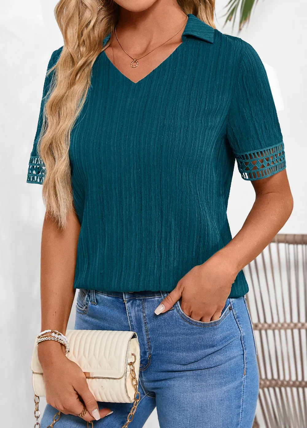 Peacock Blue Lace Short Sleeve Shirt Collar Blouse