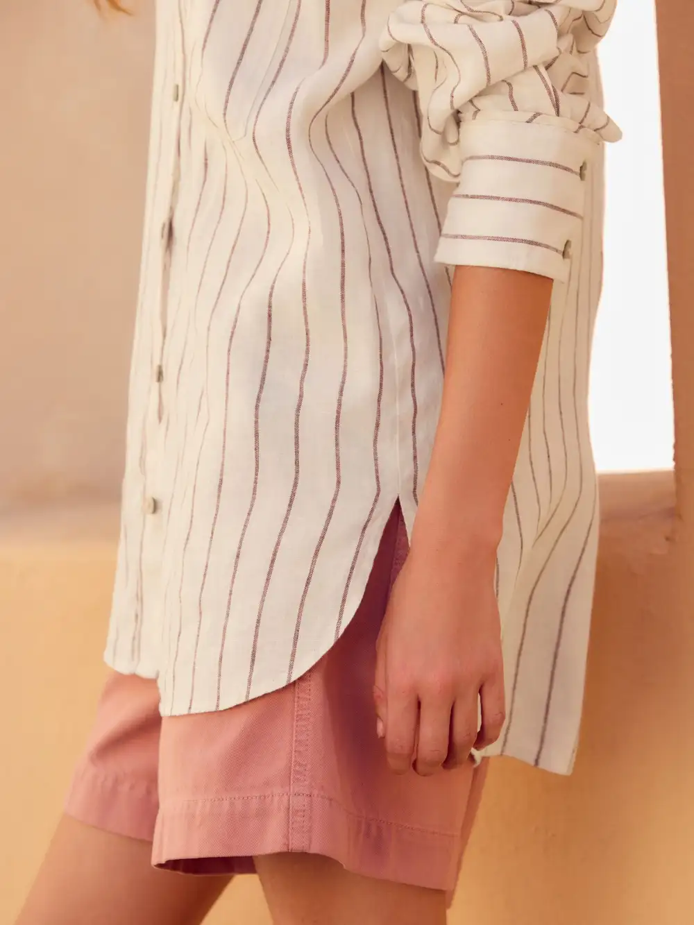 Ecru Palm Print Linen Flat Collar Loose Long Sleeve Shirt