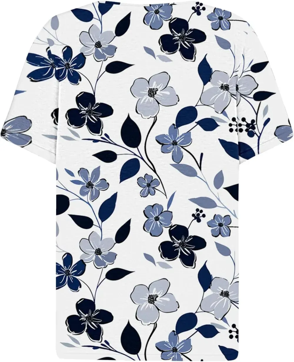 Shirts for Women Casual Printed Summer Tops Short-Sleeved Button V-Neck Tops Blouse Fashion Boho T-Shirts