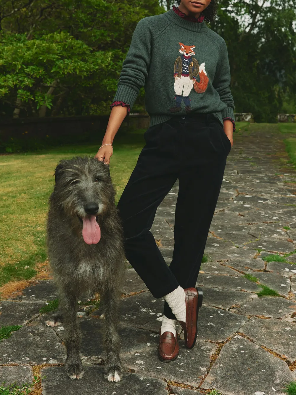 Dark Green Intarsia Fox Knit Jumper