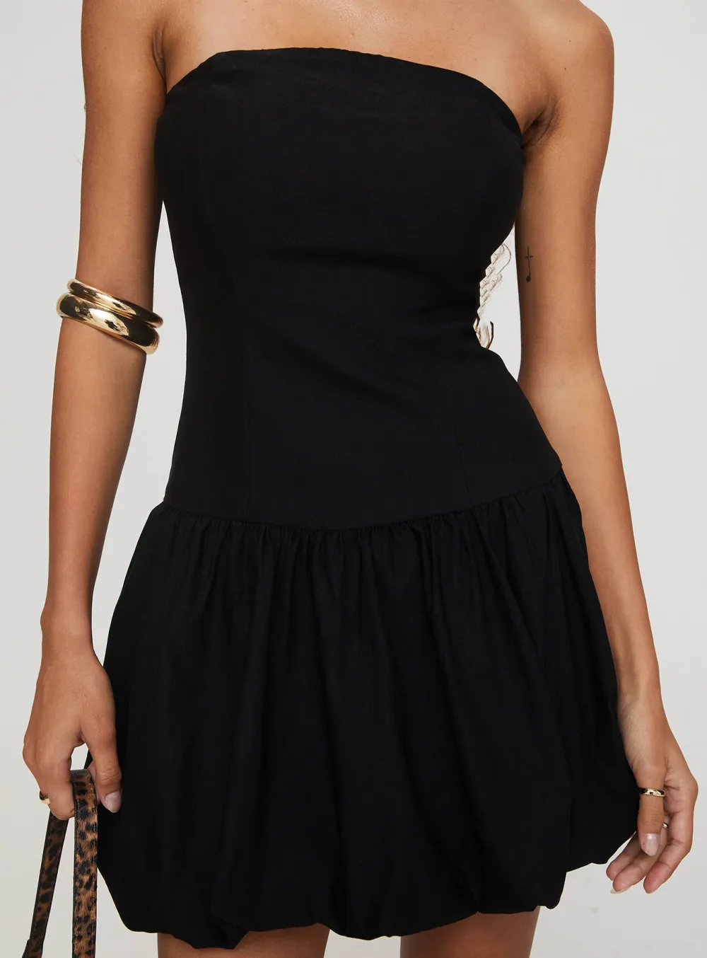 Black Strapless Bubble Hem Mini Dress