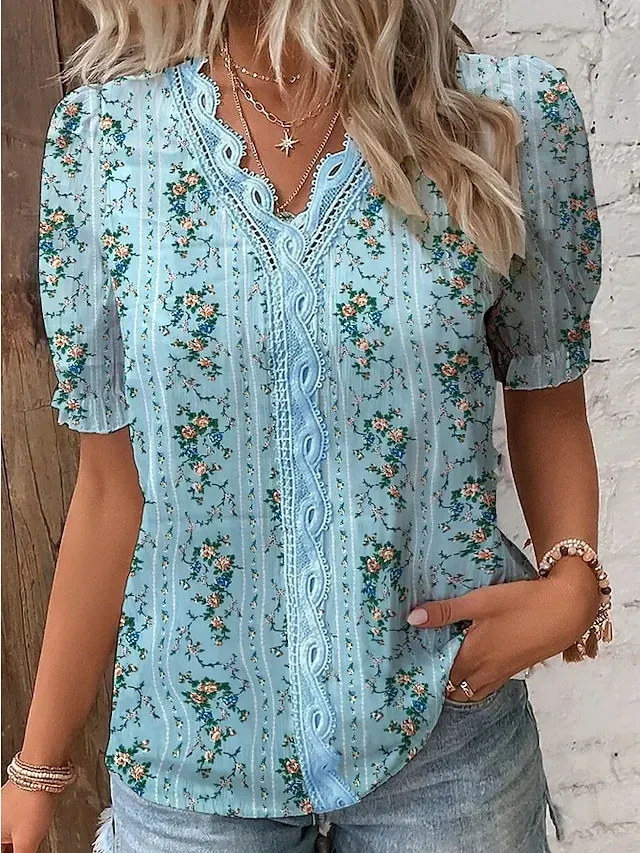 Women's Shirt Blouse Blue Purple Green Floral Lace Trims Print Short Sleeve Casual Holiday Basic V Neck Long Floral S