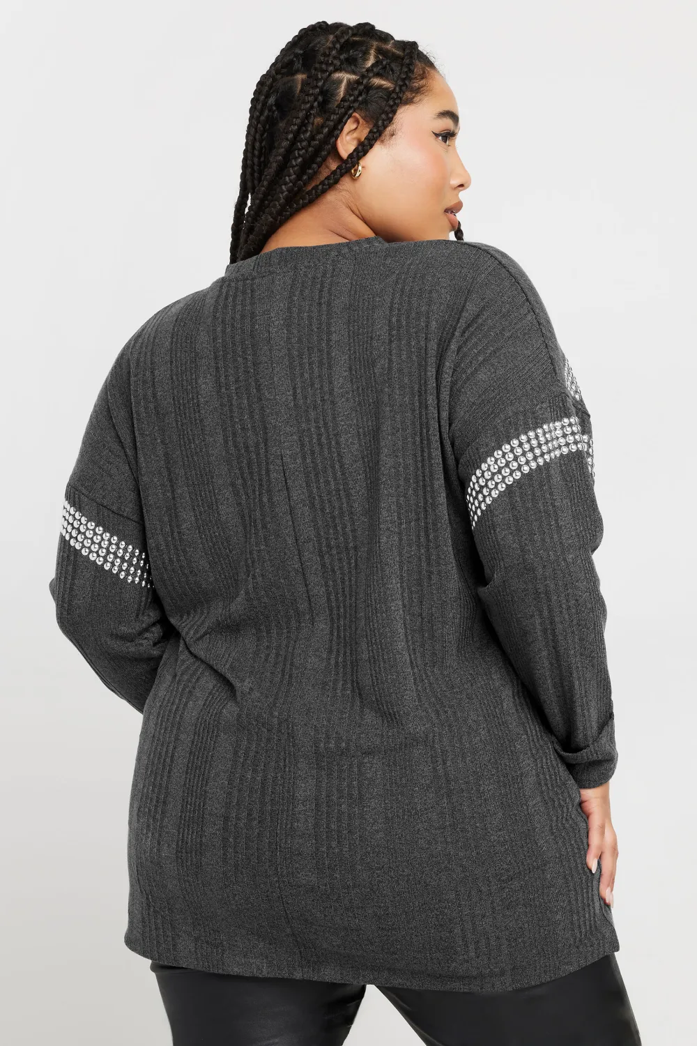 YOURS Curve Grey Ribbed Chevron Stud Jumper