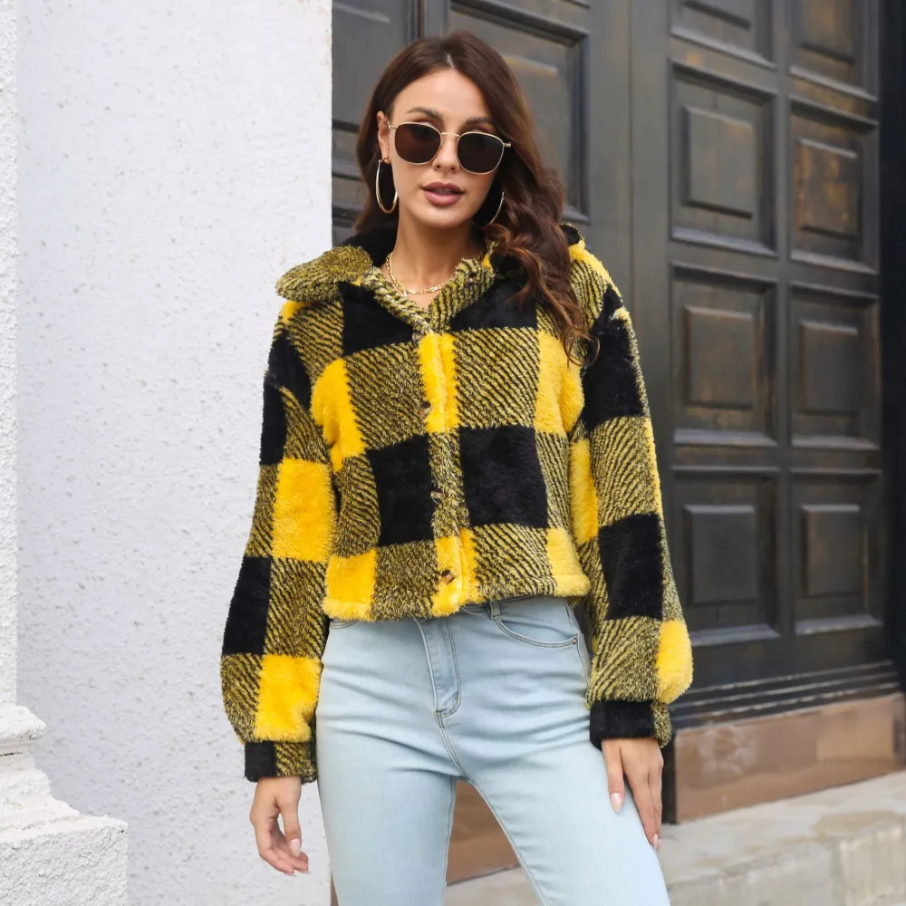 Casual Fashion Plaid Warm Lapel Long Sleeve Coat