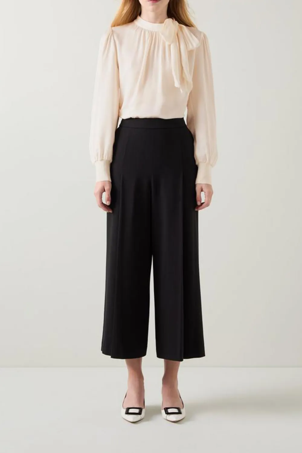 Cream Tie Neck Long Sleeve Blouse