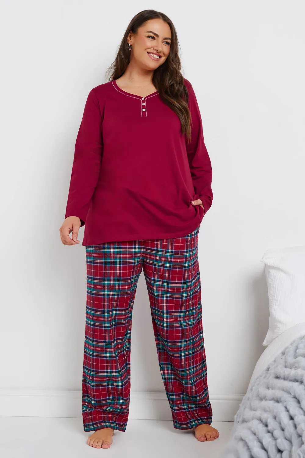 YOURS Curve Green & Pink Boyfriend Check Pyjama Bottoms