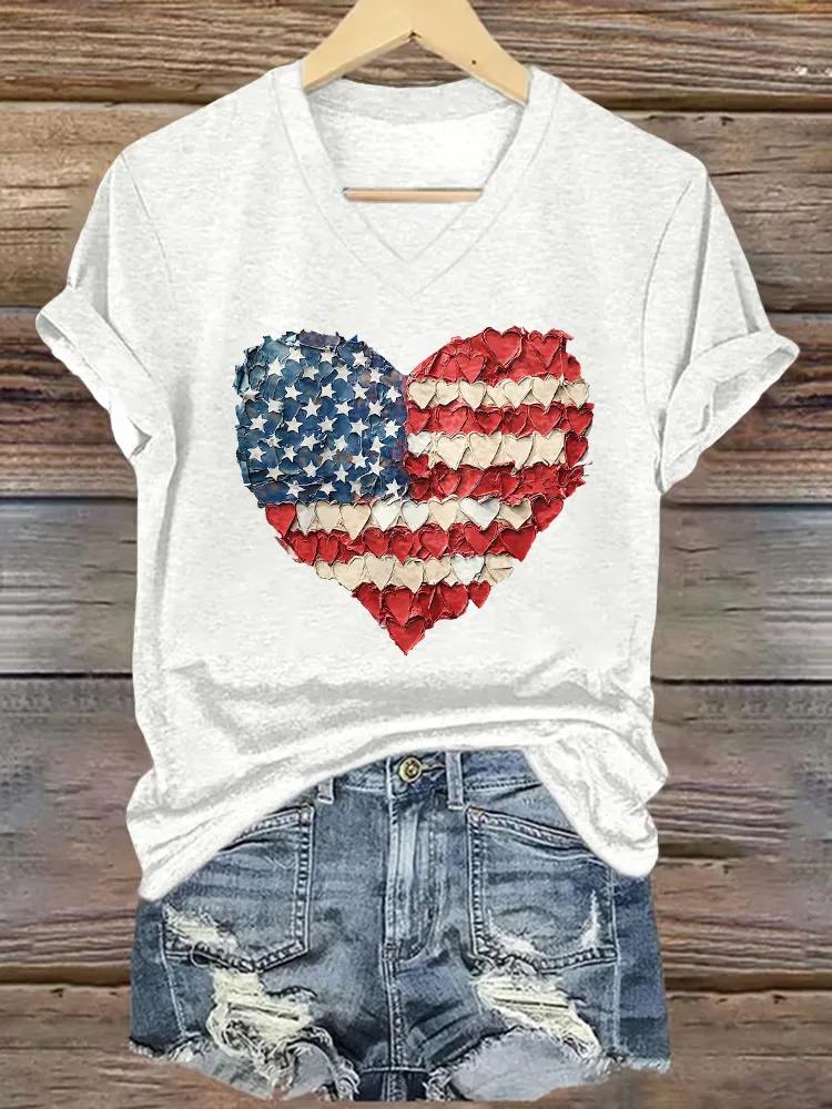 Women'S T-Shirt With National Flag Pattern Heart Print, Pure Cotton V-Neck Short-Sleeved T-Shirt
