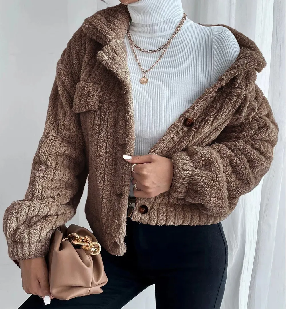 Solid Front Pockets Lapel Plush Coat